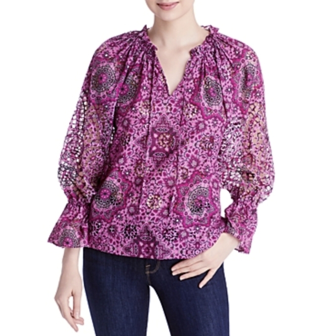 Kobi Halperin Bari Eyelet Peasant Blouse Top Pink Size Xs